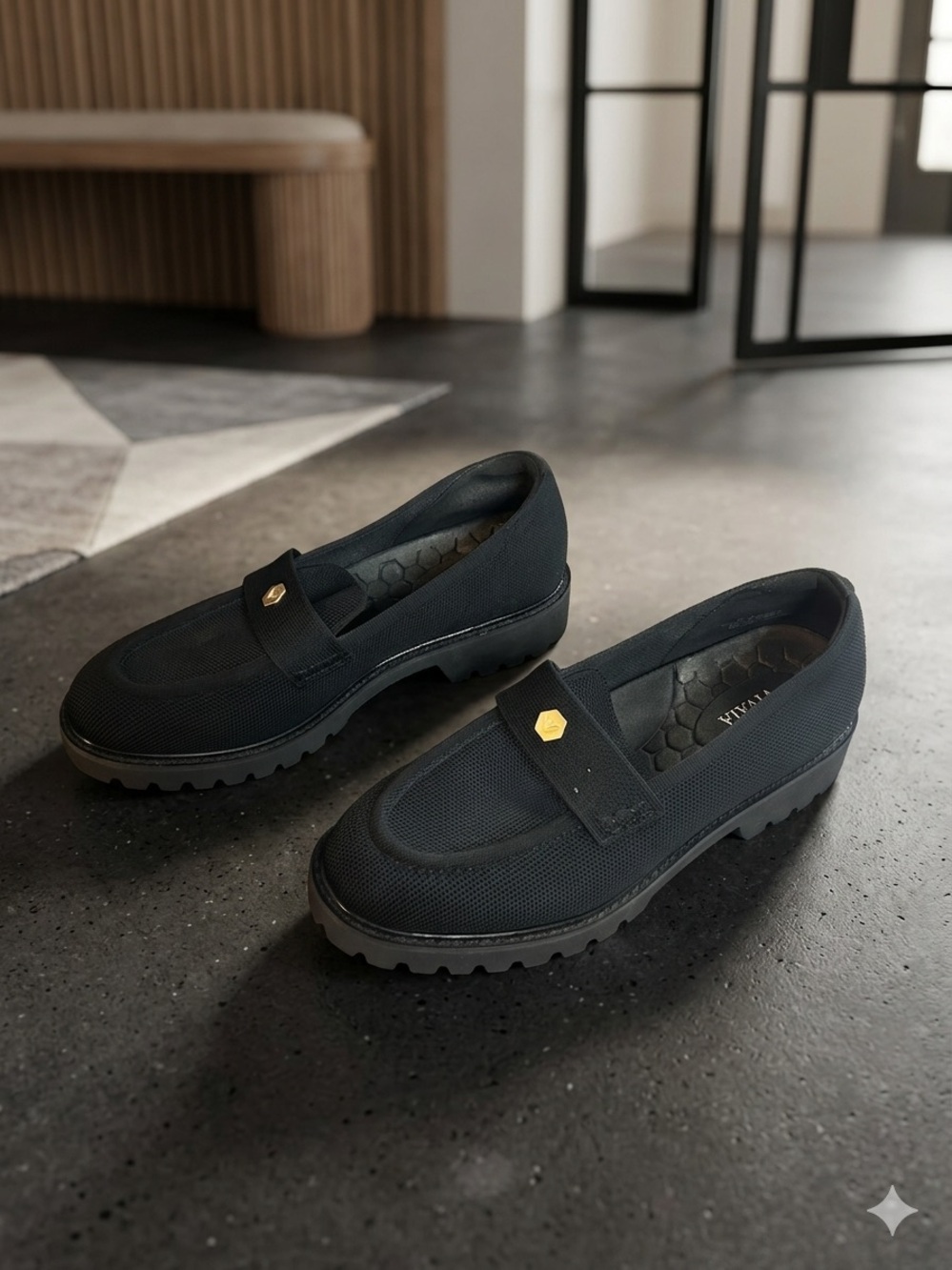 Women's Black Slip-On Loafers with Gold Accent